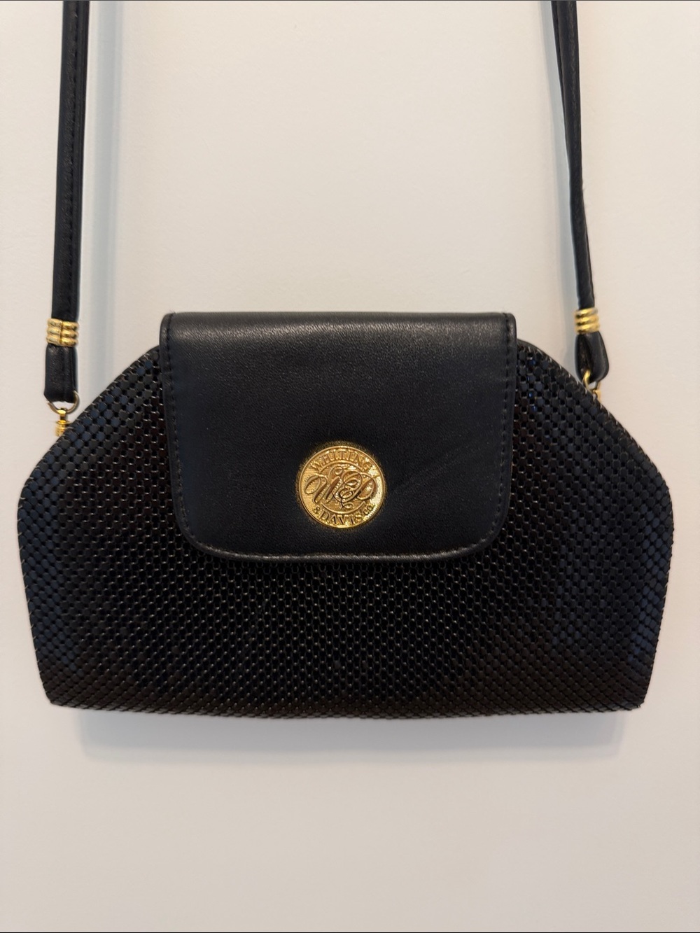 Whiting & Davis Vintage Black Metal Mesh Clutch Crossbody with Gold Medallion